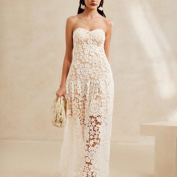 White Elegant Women's Heavy-Embroidered Lace Strapless Romantic Floral Dress - Picture 5 of 7